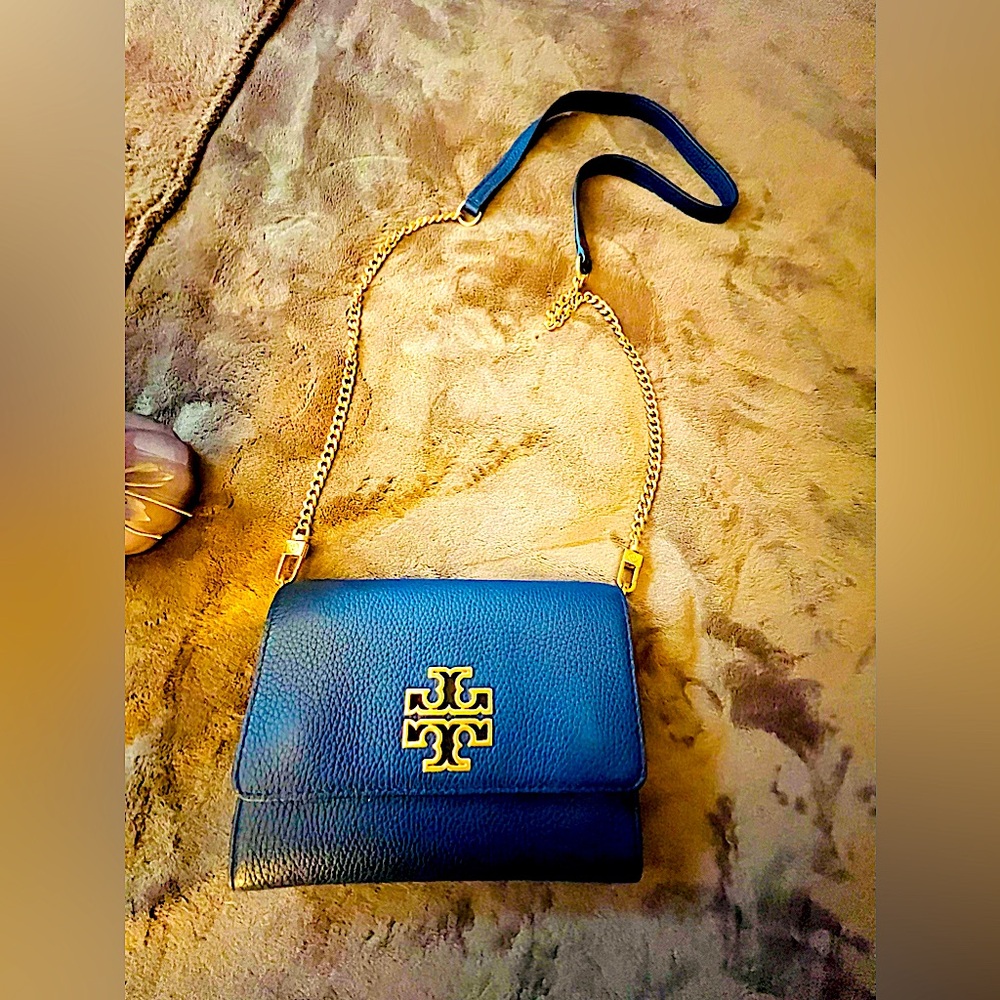 Tory Burch-Ry Blue Tumbled Leather Card holder Chain Link shoulder crossbody bag